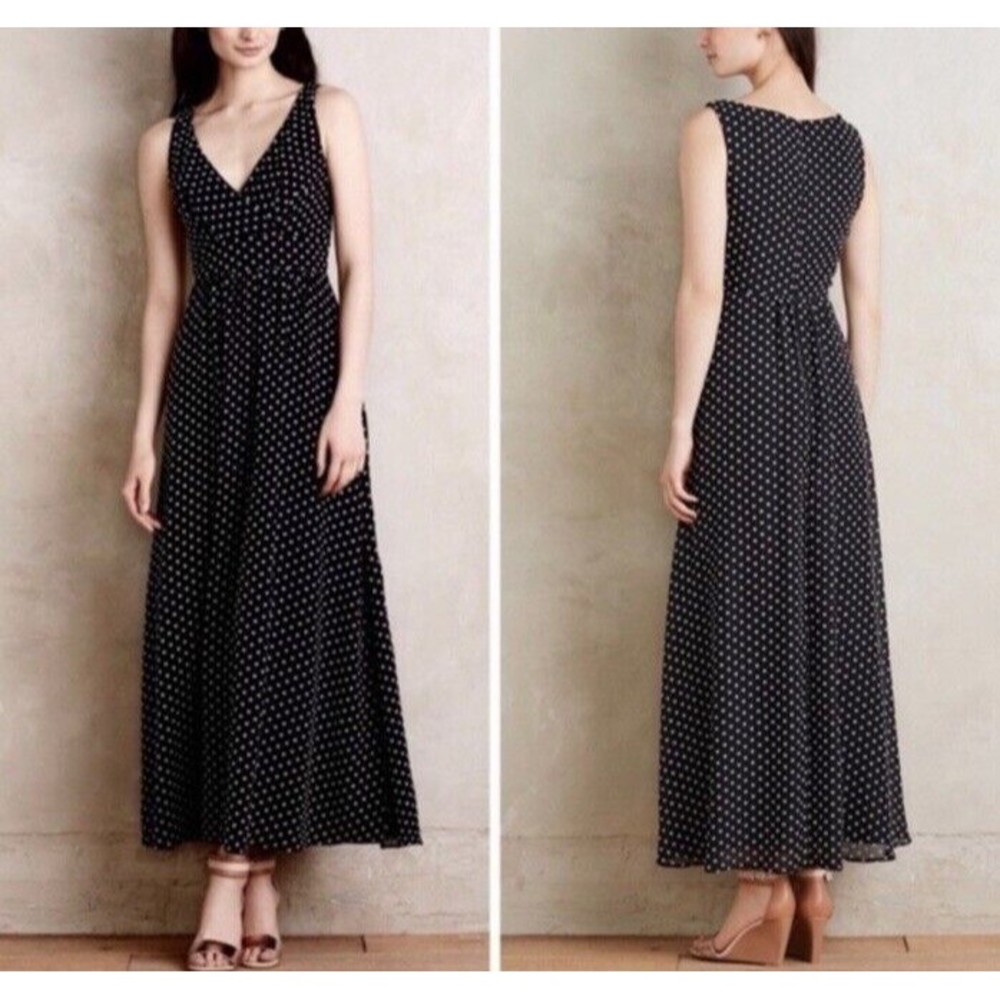 Anthropologie Eva Franco Black Clip Dot V Neck Maxi Dress Size 2